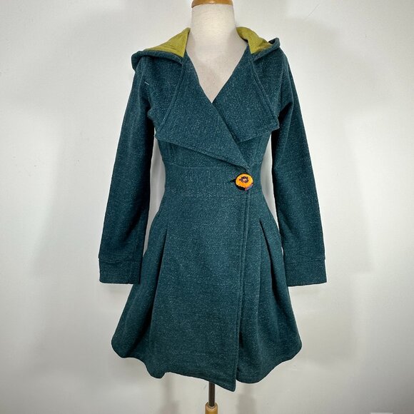 Rebe Knee Length Hooded Swing Coat Women Sz Small One Button Turquoise - Picture 1 of 15